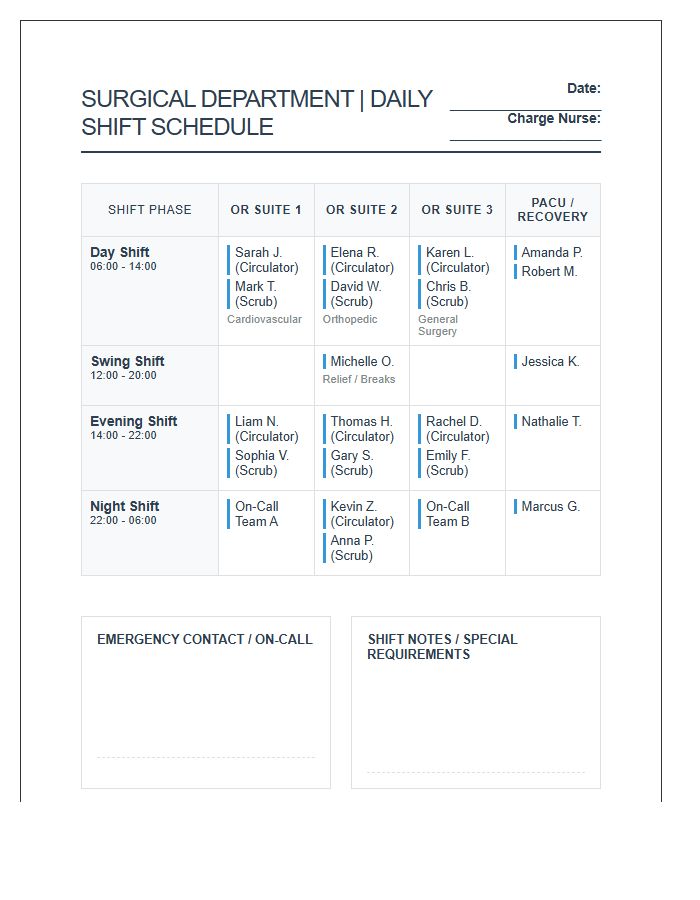 Surgical Department Nurse Shift Schedule Printable Chart