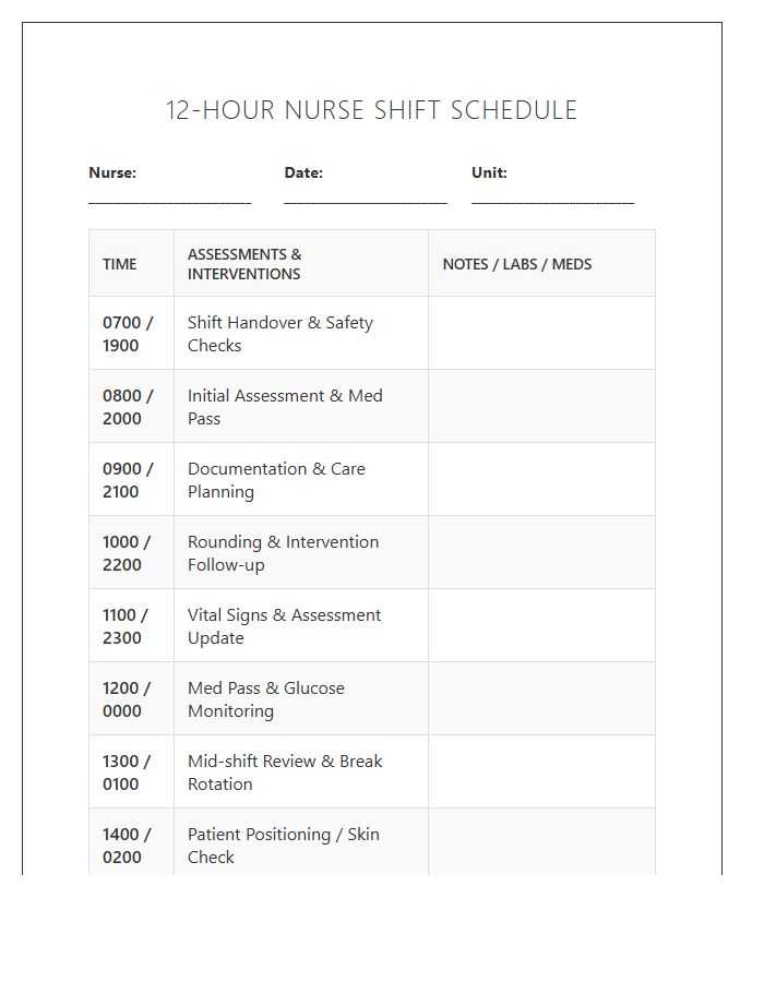 Twelve Hour Nurse Shift Schedule Printable Chart