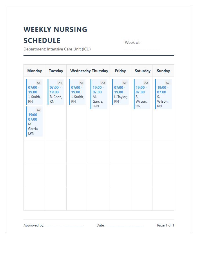 Weekly Hospital Nurse Shift Schedule Printable Chart