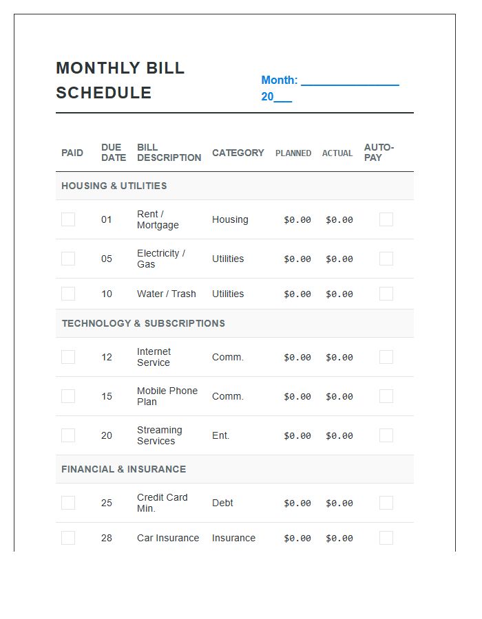 Comprehensive Monthly Bill Payment Schedule Printable Chart
