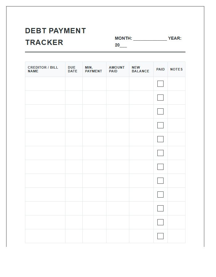 Debt Tracking Monthly Bill Payment Printable Chart