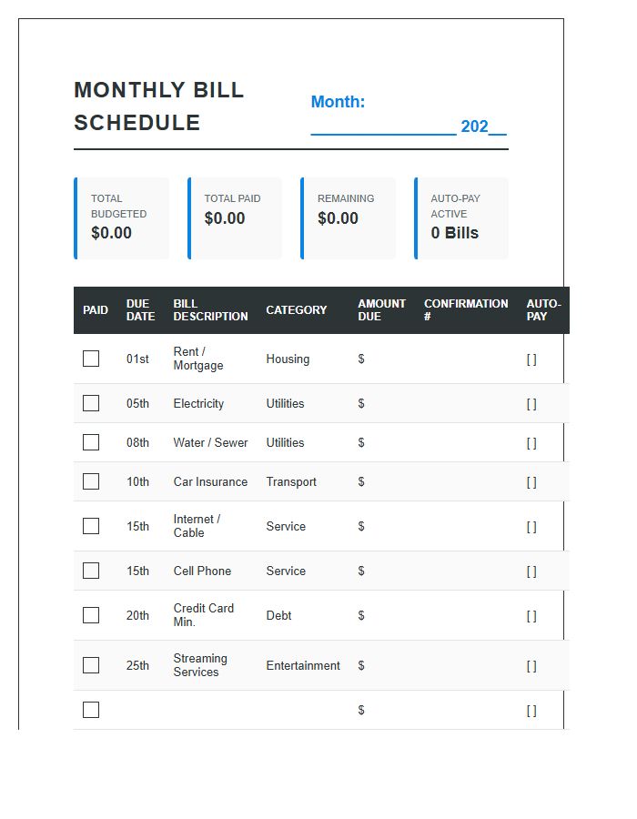 Detailed Monthly Bill Payment Schedule Printable Chart