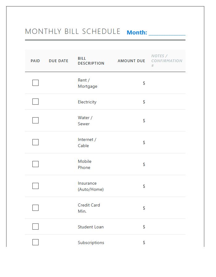Essential Monthly Bill Payment Schedule Printable Chart