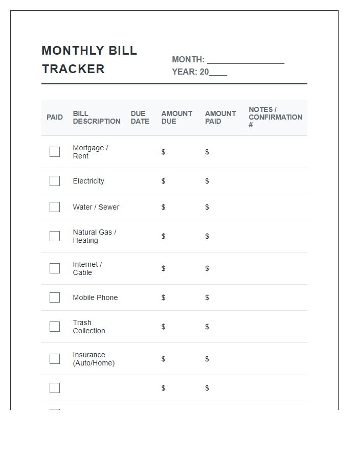 Family Finance Monthly Bill Payment Printable Chart