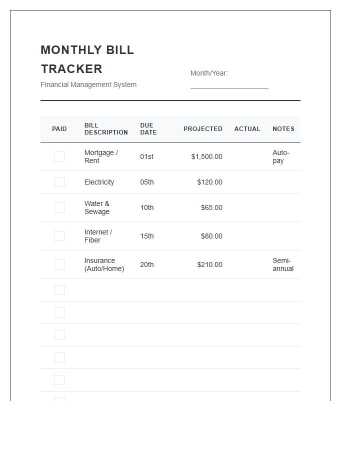 Financial Management Monthly Bill Payment Printable Chart