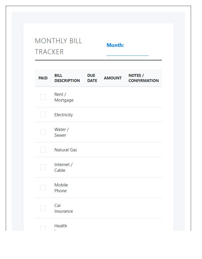 Home Budget Monthly Bill Payment Printable Chart