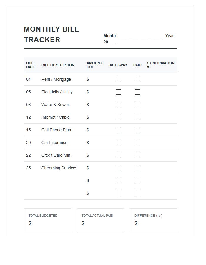 Household Expense Monthly Bill Payment Printable Chart