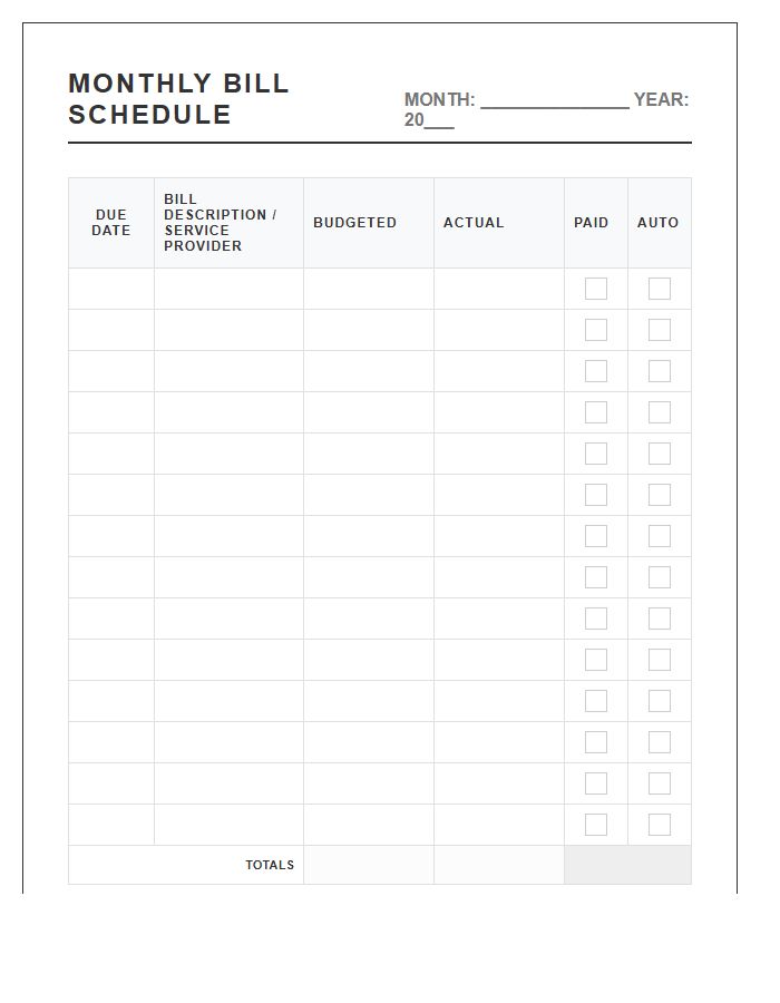 Landscape Monthly Bill Payment Schedule Printable Chart