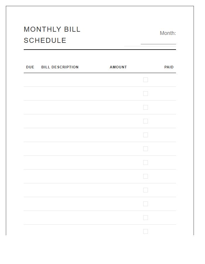 Minimalist Monthly Bill Payment Schedule Printable Chart