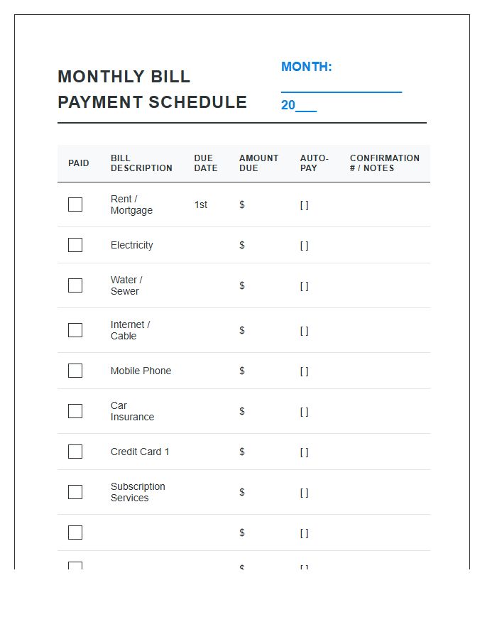 Monthly Bill Payment Schedule Printable Chart
