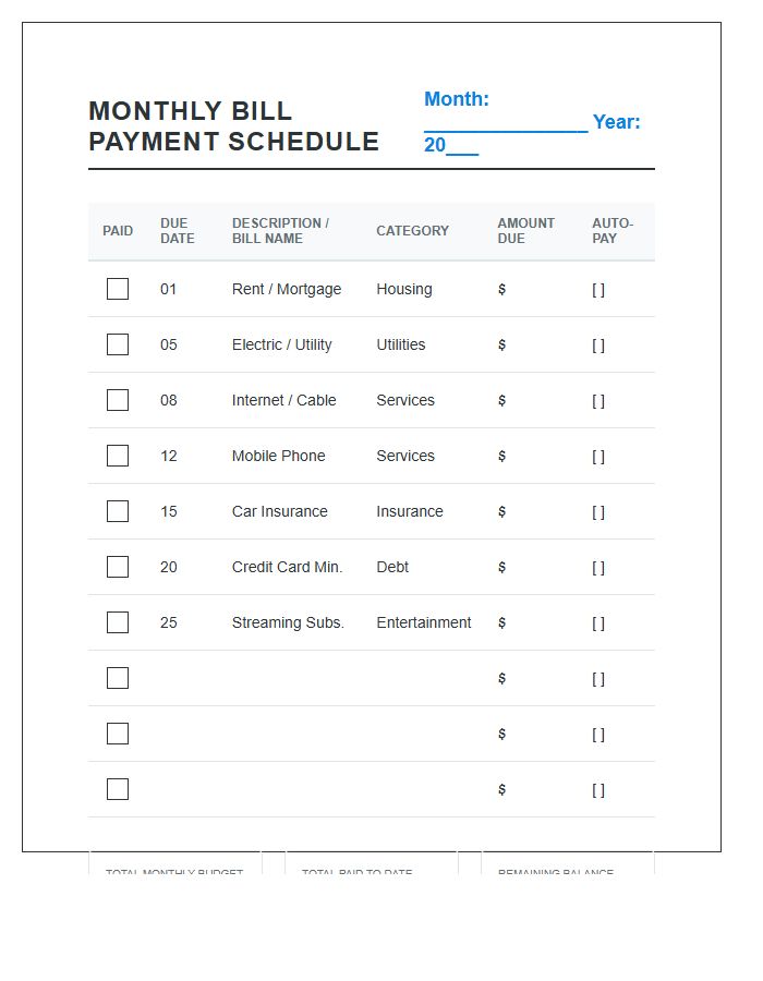 Organized Monthly Bill Payment Schedule Printable Chart