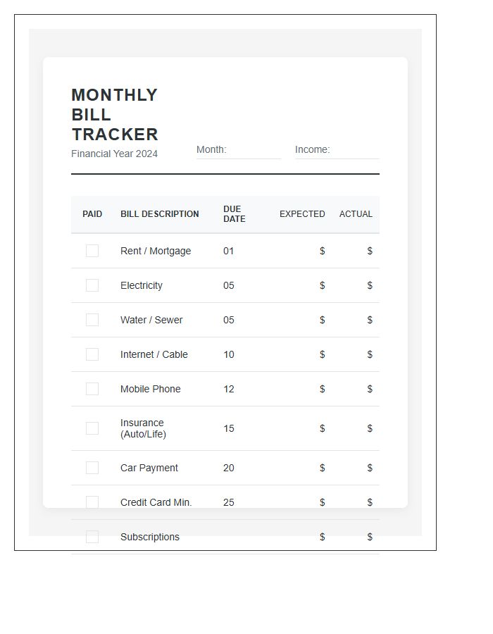 Personal Budget Monthly Bill Payment Printable Chart