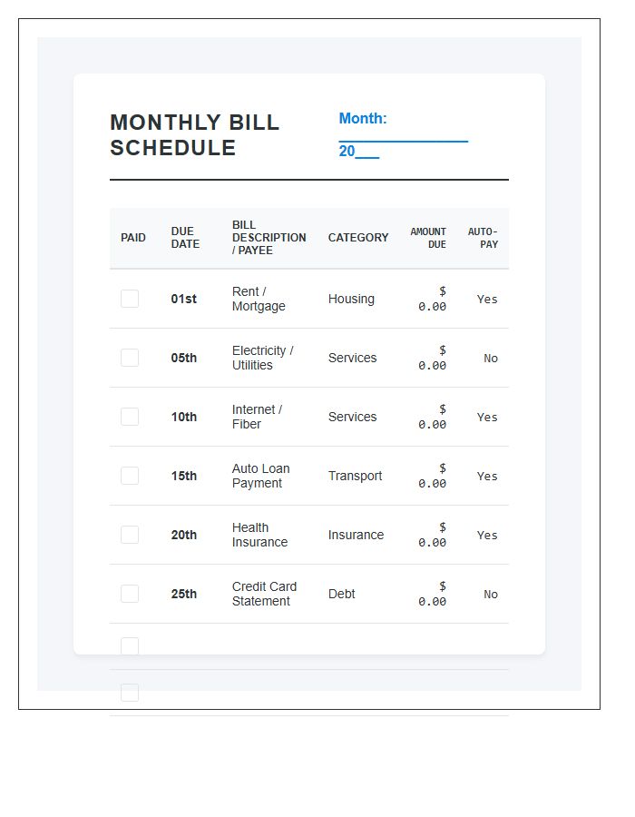 Professional Monthly Bill Payment Schedule Printable Chart