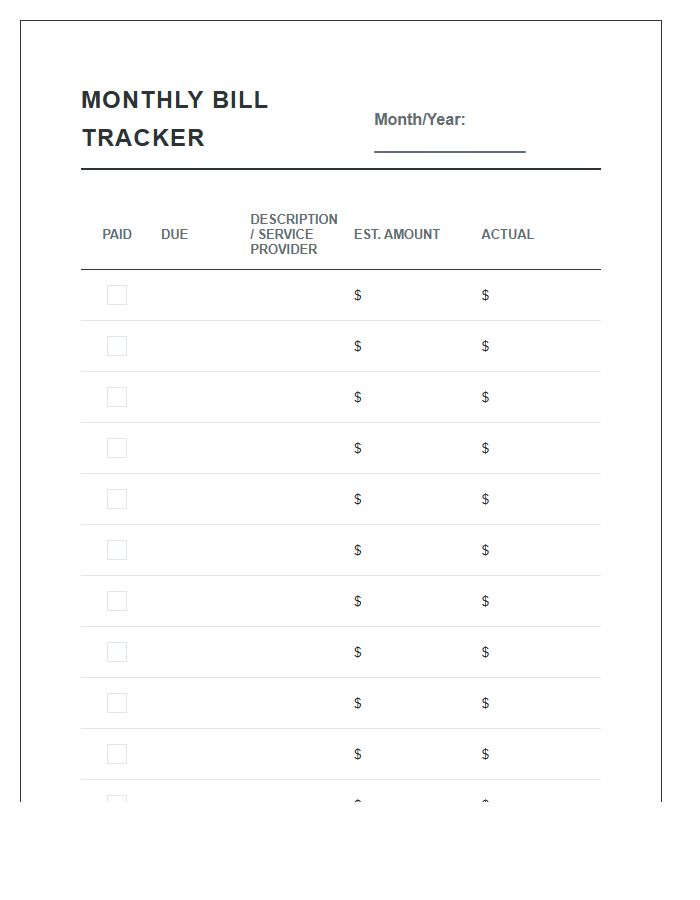 Recurring Expenses Monthly Bill Payment Printable Chart