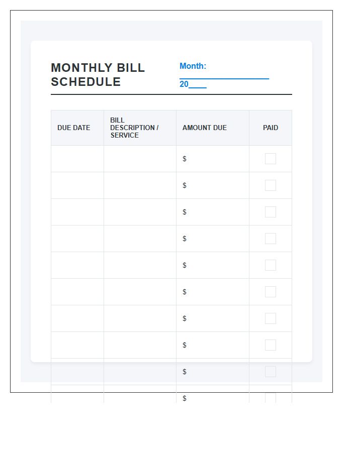 Simple Monthly Bill Payment Schedule Printable Chart