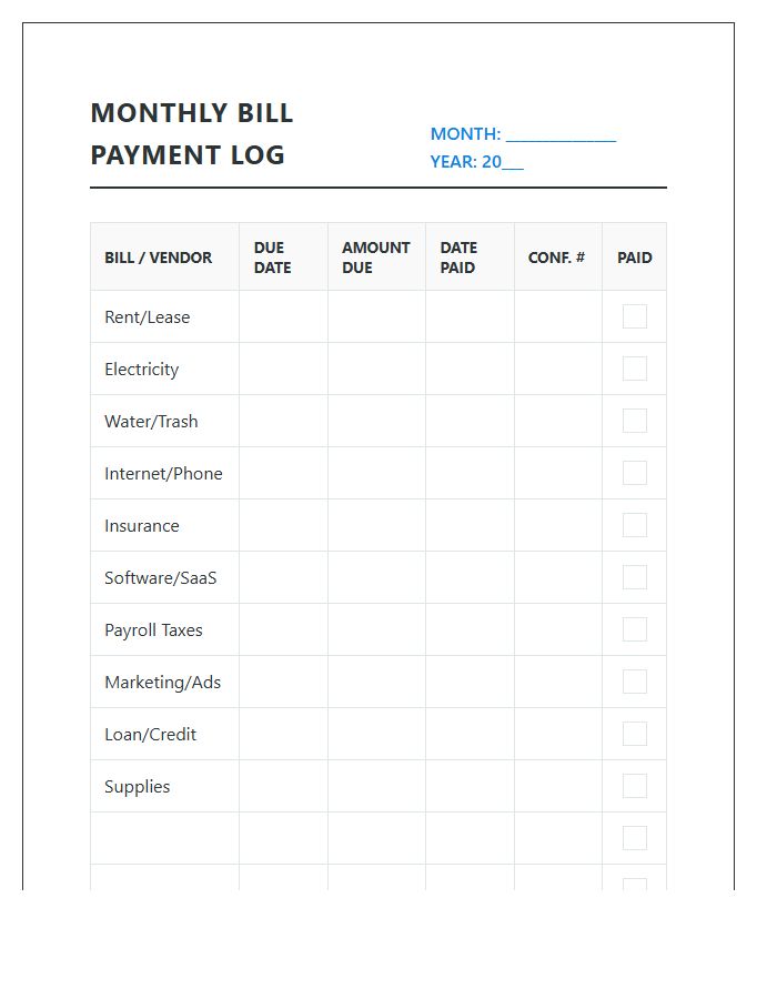 Small Business Monthly Bill Payment Printable Chart