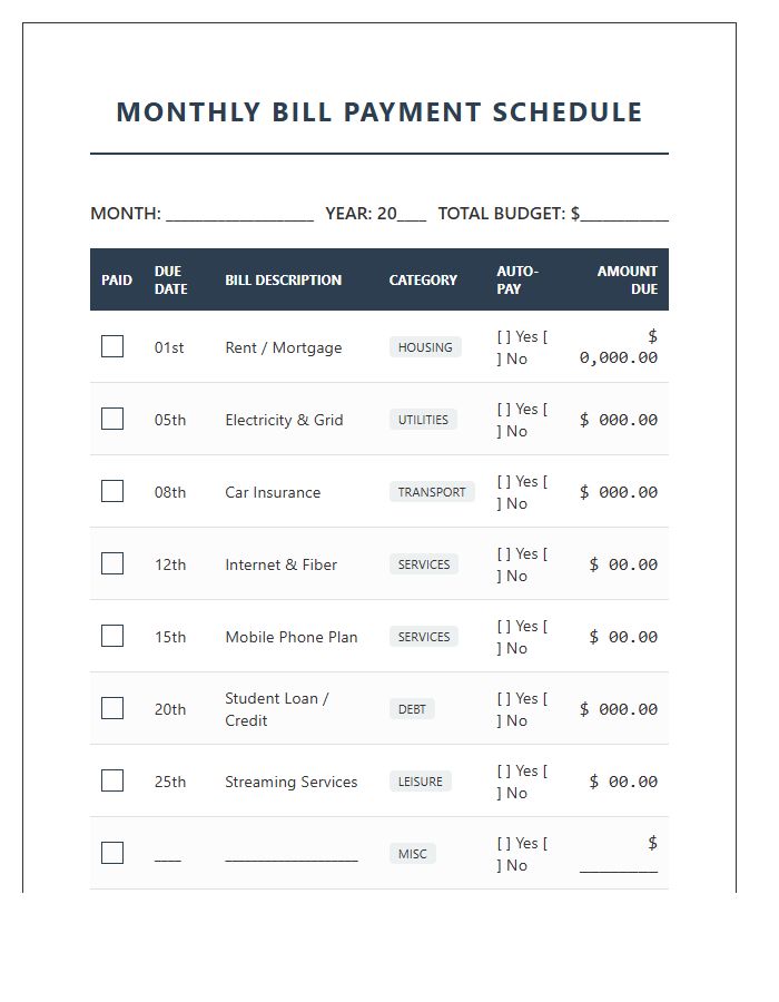 Systematic Monthly Bill Payment Schedule Printable Chart