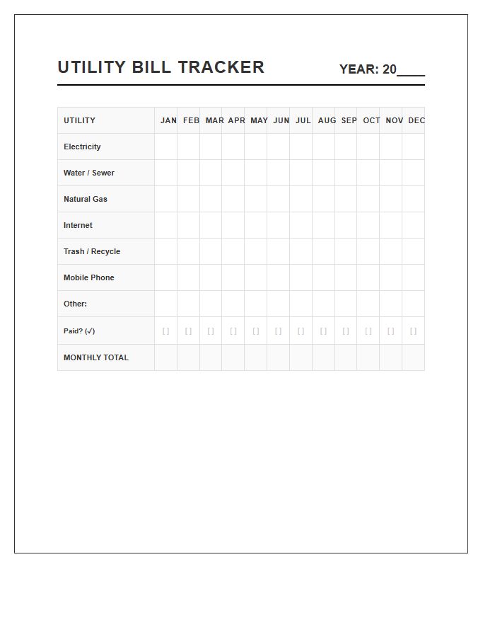 Utility Tracking Monthly Bill Payment Printable Chart