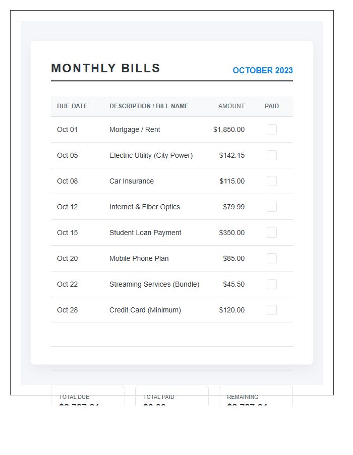 Vertical Monthly Bill Payment Schedule Printable Chart