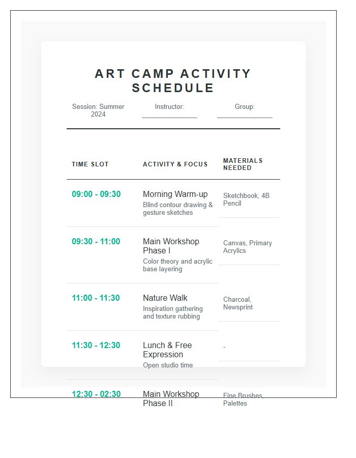 Art Camp Activity Schedule Printable Chart