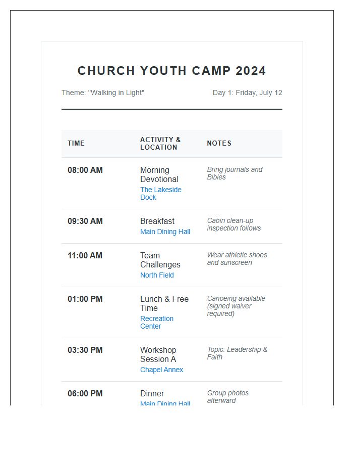 Church Camp Activity Schedule Printable Chart