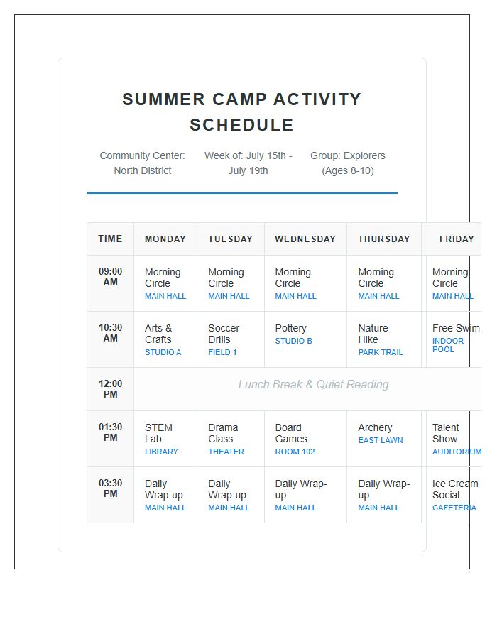 Community Center Summer Camp Activity Schedule Printable Chart