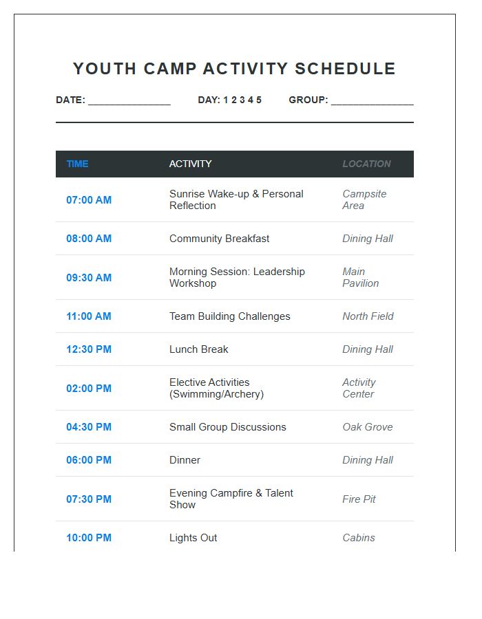 Daily Youth Camp Activity Schedule Printable Chart