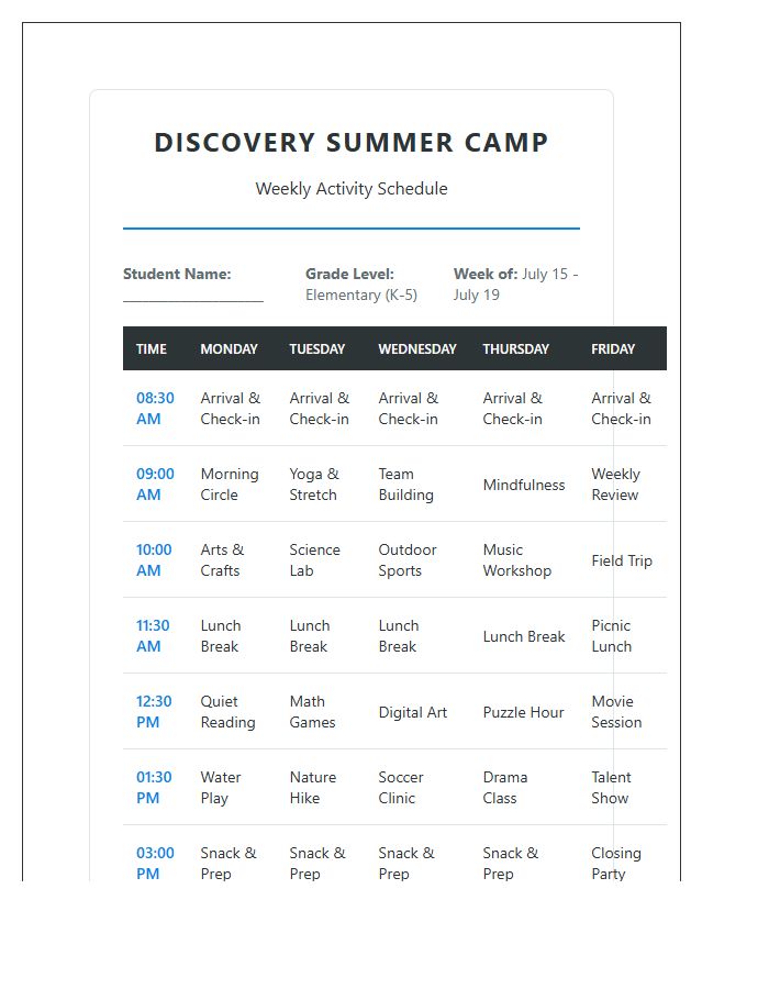 Elementary Student Summer Camp Activity Schedule Printable Chart