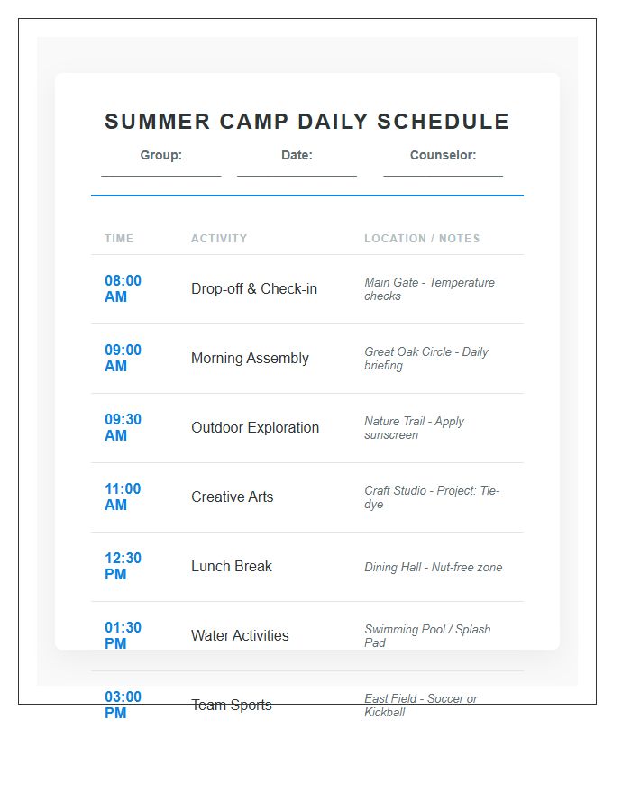 Full Day Summer Camp Activity Schedule Printable Chart