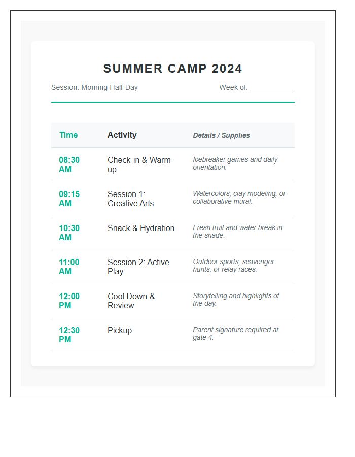 Half Day Summer Camp Activity Schedule Printable Chart