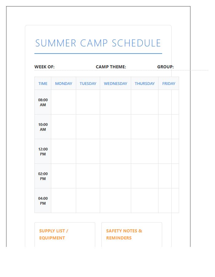 Kids Summer Camp Activity Planning Schedule Printable Chart