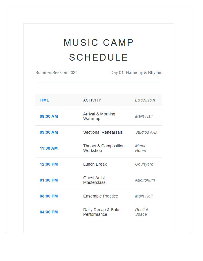 Music Camp Activity Schedule Printable Chart
