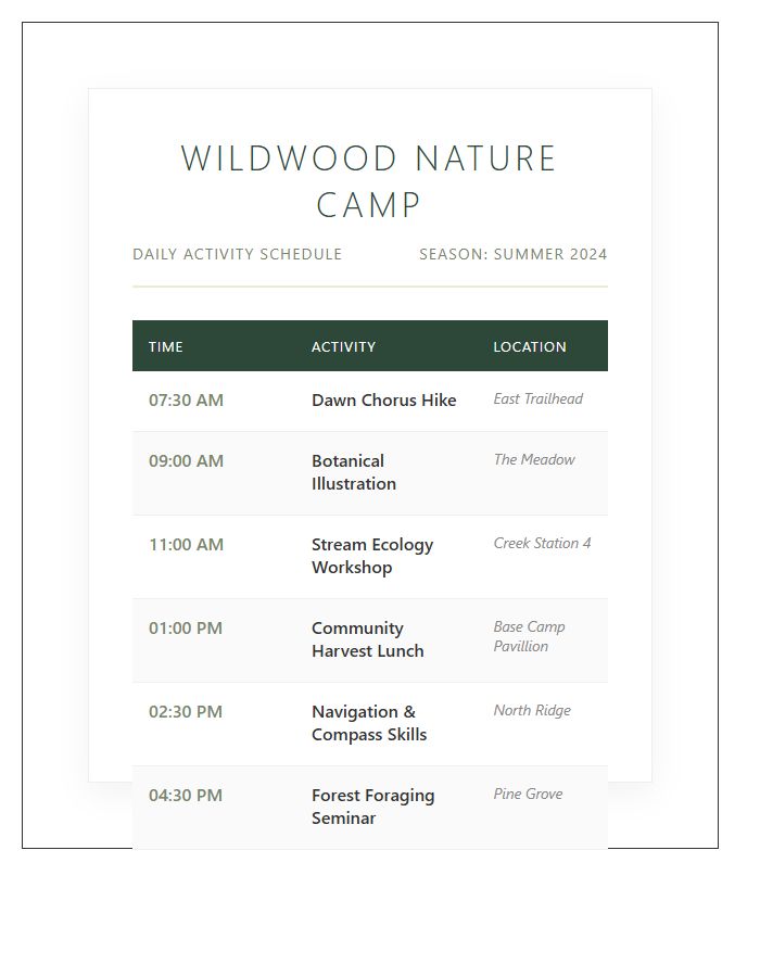 Nature Camp Activity Schedule Printable Chart