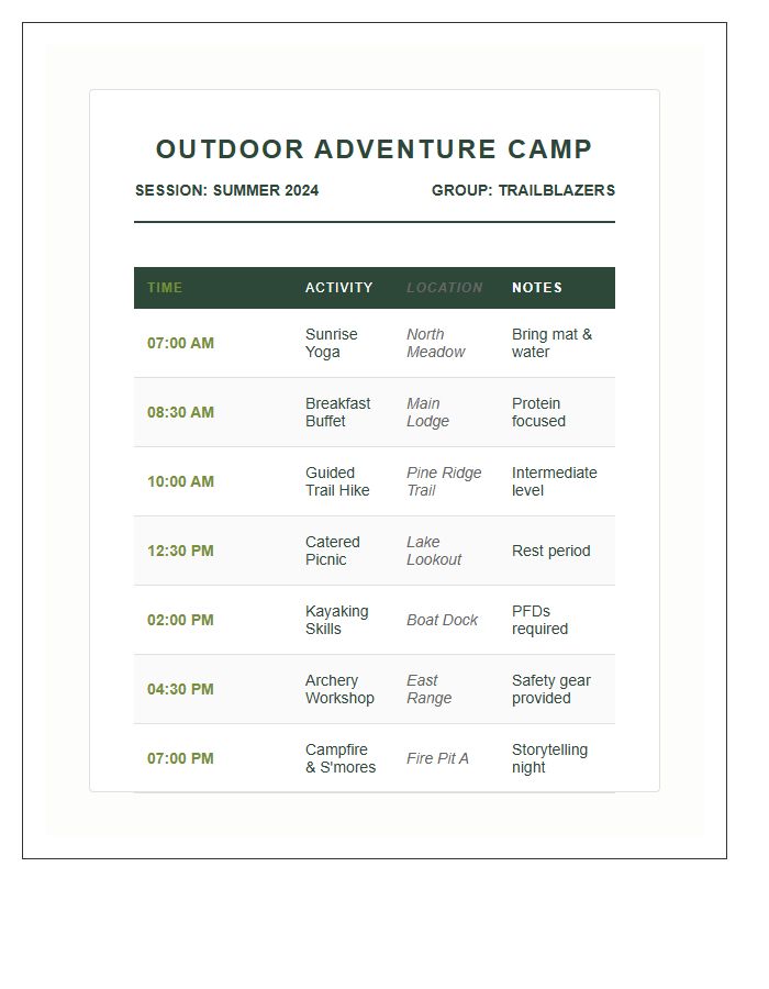Outdoor Adventure Camp Activity Schedule Printable Chart