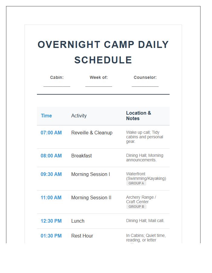Overnight Camp Activity Schedule Printable Chart