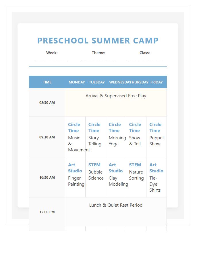 Preschool Summer Camp Activity Schedule Printable Chart