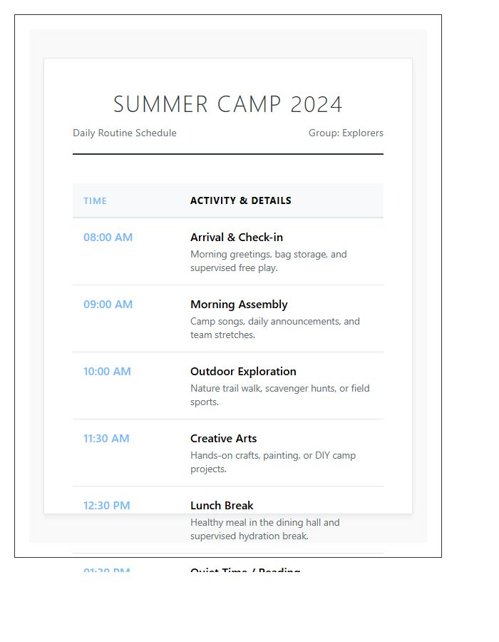 Printable Summer Camp Daily Routine Schedule Chart