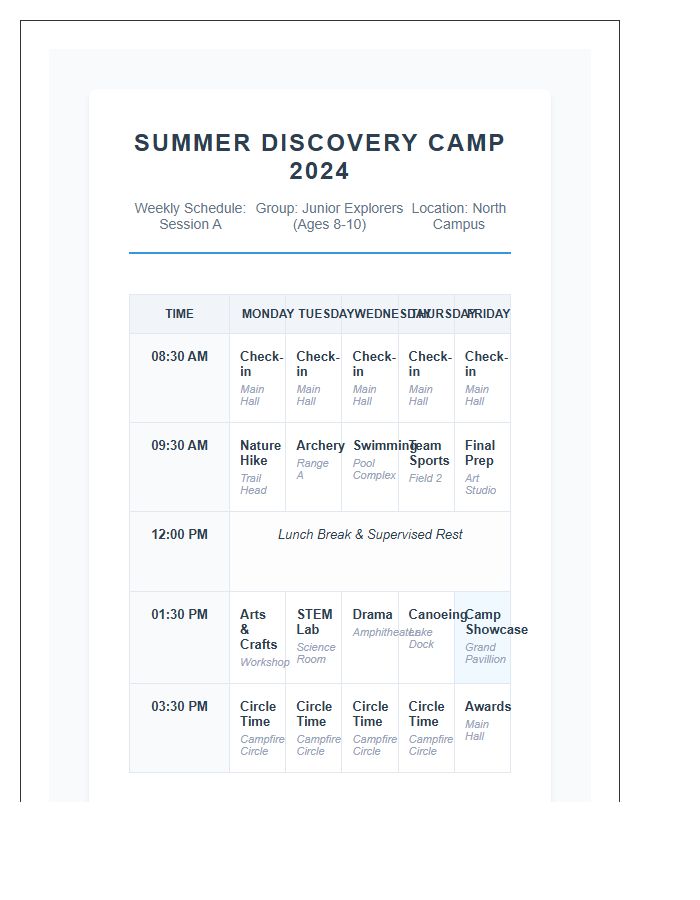 Professional Summer Camp Activity Schedule Printable Chart