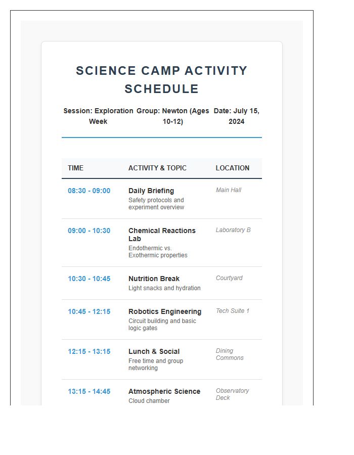 Science Camp Activity Schedule Printable Chart