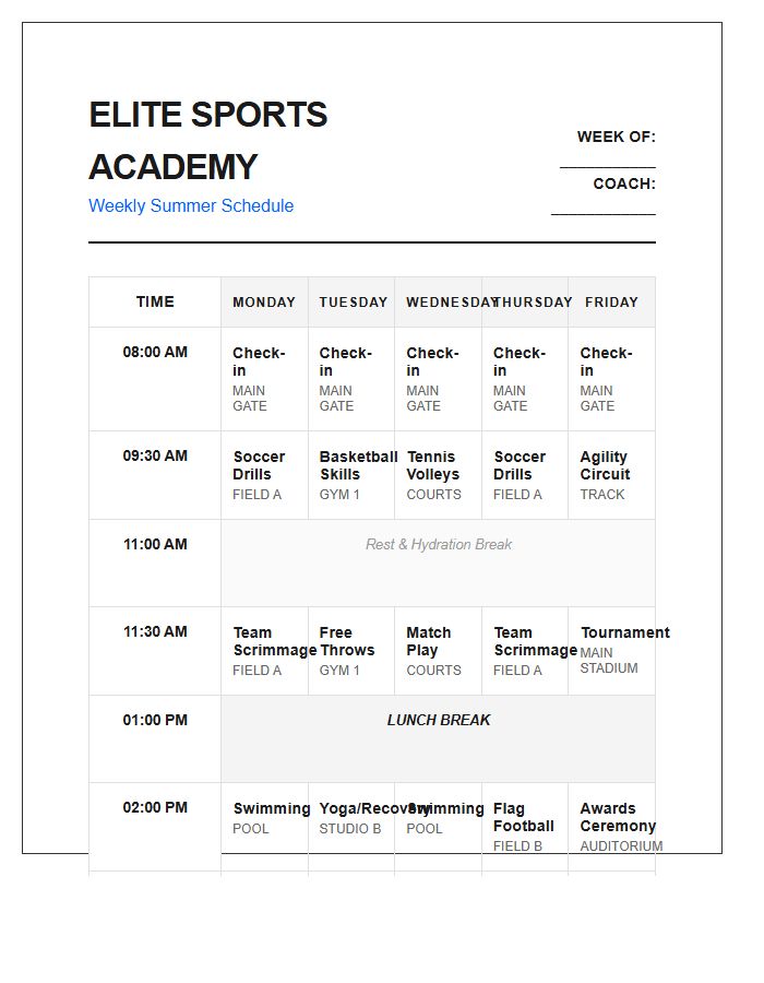 Sports Camp Activity Schedule Printable Chart