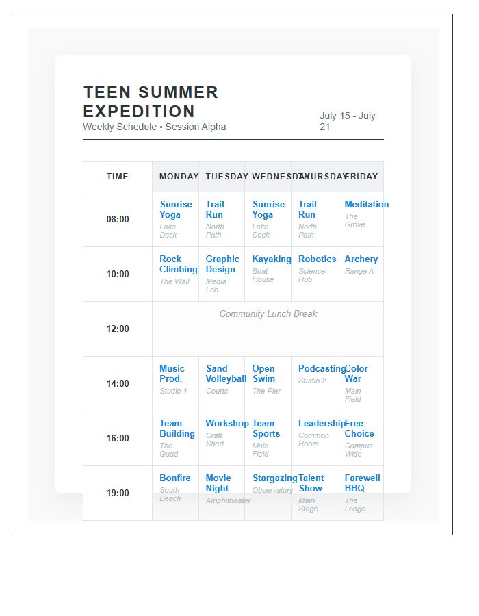 Teen Summer Camp Activity Schedule Printable Chart