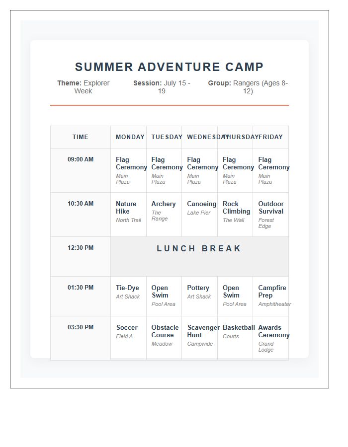 Themed Summer Camp Activity Schedule Printable Chart