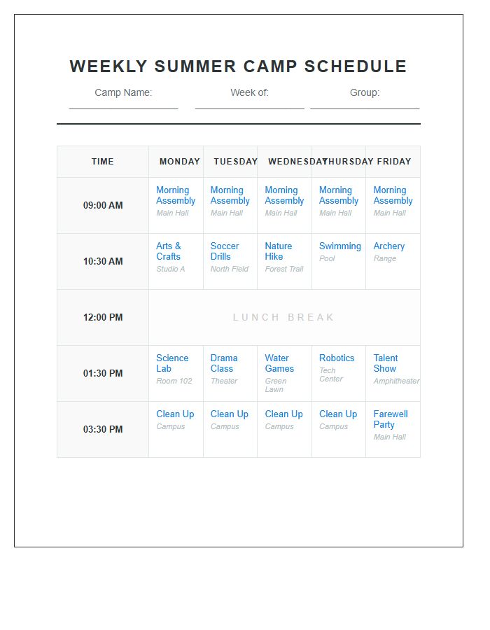 Weekly Summer Camp Activity Schedule Printable Chart