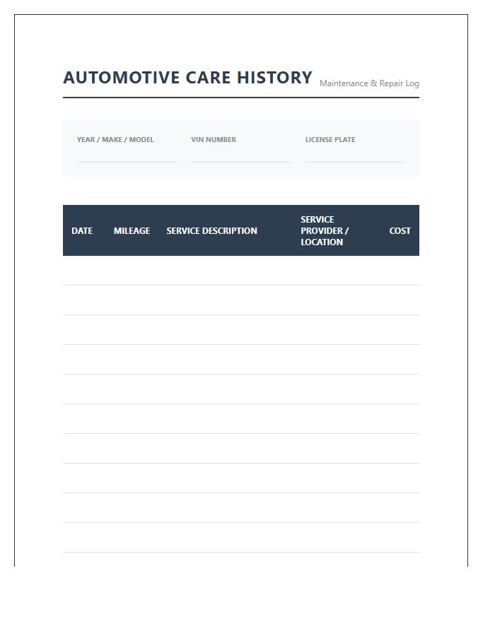 Complete Automotive Care History Printable Chart