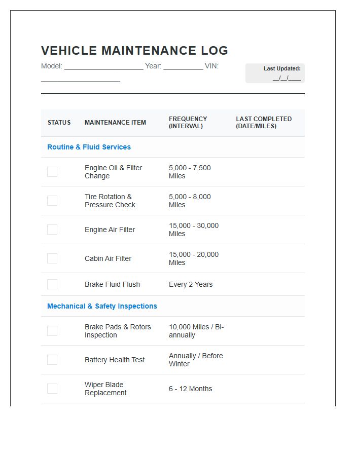 Detailed Auto Maintenance Timeline Printable Chart