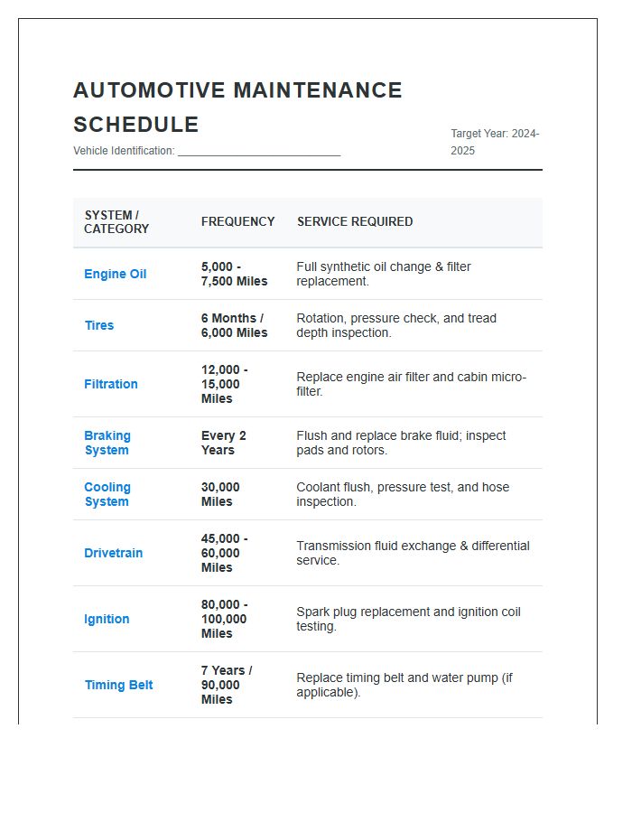 Detailed Automotive Service Frequency Printable Chart