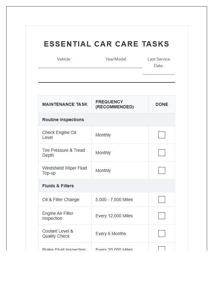 Essential Car Care Tasks Printable Chart