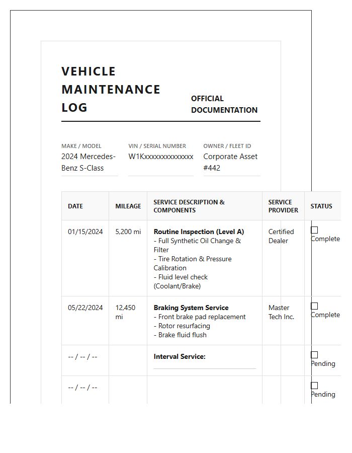 Formal Vehicle Service Documentation Printable Chart