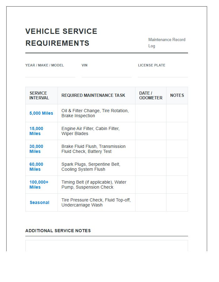 Owner Vehicle Service Requirements Printable Chart