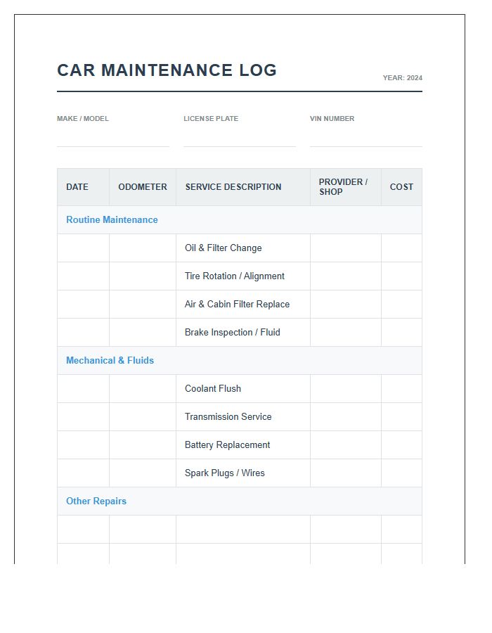 Personal Car Maintenance Management Printable Chart